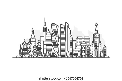 Moscow, Russia architecture line skyline illustration. Linear vector cityscape with famous landmarks, city sights, design icons. Landscape with editable strokes.