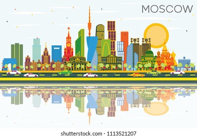 Moscow Russia City Skyline with Color Buildings, Blue Sky and Reflections. Vector Illustration. Business Travel and Tourism Illustration with Modern Architecture. Moscow Cityscape with Landmarks.