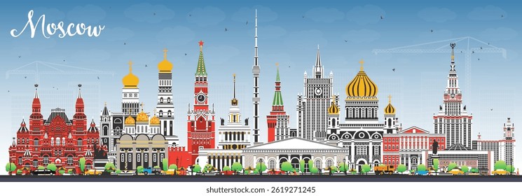 Moscóvia horizonte da cidade russa com edifícios coloridos e céu azul. Ilustração vetorial. Paisagem urbana de Moscou com pontos de referência. Conceito de viagem e turismo com arquitetura moderna e histórica.