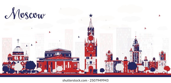 Moscú Rusia horizonte de la ciudad con edificios de colores. Ilustración vectorial. Paisaje urbano con Lugares famosos.