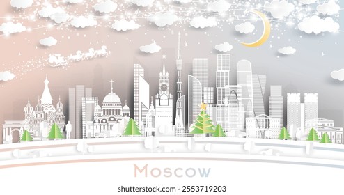 Moscow Russia city skyline in paper cut style with snowflakes, moon and neon garland. Vector illustration. Christmas and new year concept. Father frost on sleigh. Moscow cityscape with landmarks.