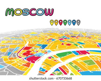 Moscow, Russia, Downtown 3D Vector Map of Famous Streets. Bright foreground full of colors. White Streets, Waterways and grey background areal. White Horizon.