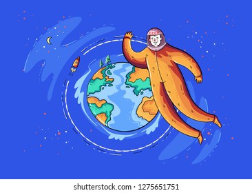 MOSCOW, RUSSIA - JANUARY 5, 2019: cosmonaut Yuri Gagarin: the first human in space. Vostok spacecraft circling the Earth