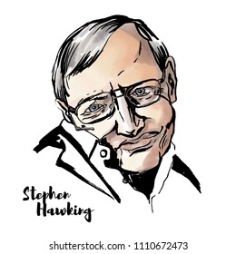 MOSCOW, RUSSIA - JUNE 11, 2018: Stephen Hawking watercolor vector portrait with ink contours. English theoretical physicist, cosmologist, and author of several popular books in physics.