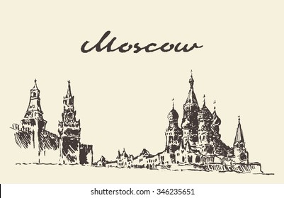 Moscow, Russia. Red square, Kremlin, Saint Basil's Cathedral, vector illustration, hand drawn, sketch