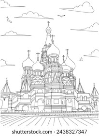 Moscow, Russia - Red Square and St. Basil's Cathedral line art drawing for kids and adults coloring book