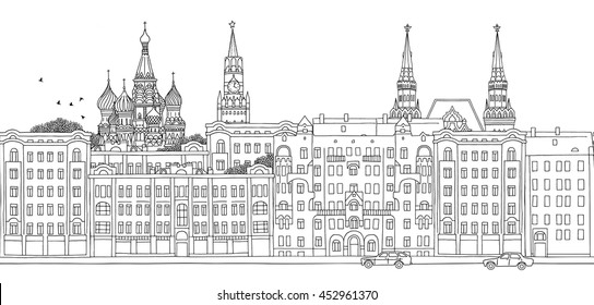 Moscow, Russia - seamless banner of the city's skyline, hand drawn black and white illustration