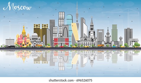 Moscow Russia Skyline with Gray Buildings, Blue Sky and Reflections. Vector Illustration. Business Travel and Tourism Illustration with Modern Architecture.