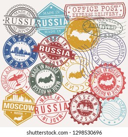 Moscow Russia. Stamp. Vector Art. Postal Passport. Travel Design Set. Postage.