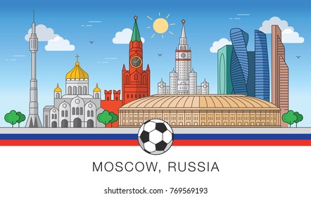 Moscow, Russia. Vector illustration of city attractions and football stadium