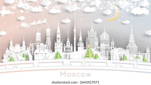 Moscow. Russia. Winter city skyline in paper cut style with snowflakes, moon and neon garland. Christmas and new year. Santa Claus on sleigh. Moscow cityscape with landmarks. Vector illustration.