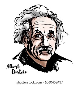 MOSCOW, RUSSIA-MARCH 20, 2018: Albert Einstein watercolor vector portrait with ink contours. The theoretical physicist who developed the theory of relativity, one of the two pillars of modern physics.