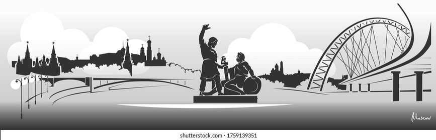 Moscow Russian city black and white horizontal banner. Silhouettes of Moscow Kremlin, monument to Minin and Pozharsky.