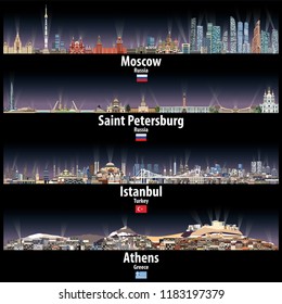 Moscow, Saint Petersburg, Istanbul and Athens skylines at night with bright city lights. Vector set