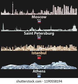 Moscow, Saint Petersburg, Istanbul and Athens cities skylines at night in bright color palettes vector set
