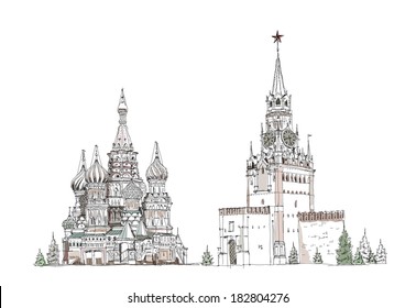 Moscow, sketch collection, St. Vasil cathedral and Spasskaya tower on the Red Square