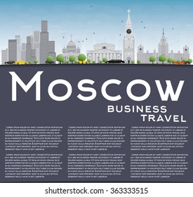 Moscow Skyline with Gray Landmarks, Blue Sky and Copy Space. Vector Illustration. Business Travel and Tourism Concept with Historic Buildings. Image for Presentation, Banner, Placard and Web Site.