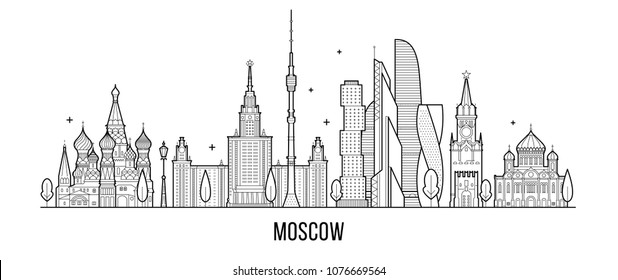 Moskauer Skyline, Russland. Diese Abbildung stellt die Stadt mit ihren bemerkenswertesten Gebäuden dar. Vektorgrafik ist vollständig editierbar, jedes Objekt ist holistisch und beweglich