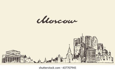 Moscow skyline, Russia, vintage vector engraved illustration, hand drawn, sketch