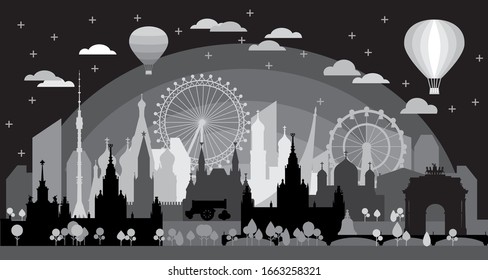 Moscow skyline travel illustration with architectural landmarks at night time. Worldwide traveling concept. Moscow city landmarks, silhouette monochrome russian tourism and journey vector background.