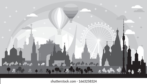 Moscow skyline travel illustration with architectural landmarks at sunrise. Worldwide traveling concept. Moscow city landmarks, silhouette monochrome russian tourism and journey vector background.