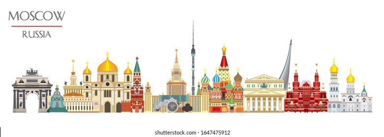 Moscow skyline travel illustration with main architectural landmarks in flat style isolated on  white background. Moscow city landmarks, colorful russian tourism and journey vector background.