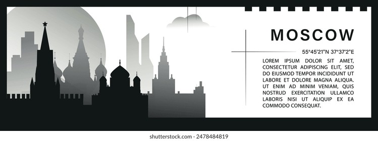 Moscow skyline vector banner, black and white minimalistic cityscape silhouette. Russia capital city horizontal graphic, travel infographic, monochrome layout for website