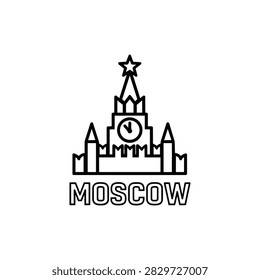 Moscow star topped clock tower with Kremlin style walls above the Moscow city label as a famous Russian landmark outline icon