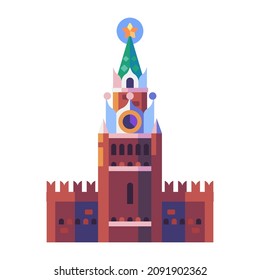 Icono de viajes de Moscú inspirado en Spasskaya también conocida como la torre Savior del Kremlin en la Plaza Roja. Monumento arquitectónico ruso de diseño plano geométrico.