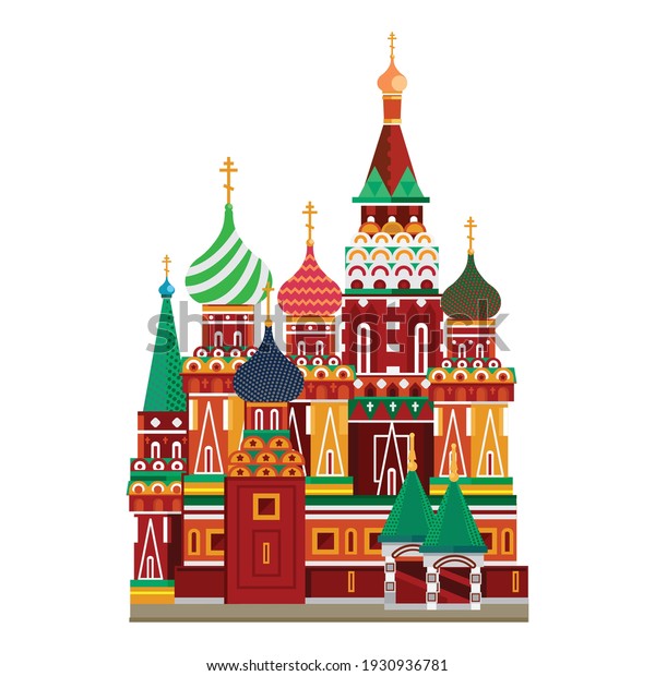 Moscow vector illustration. The capital of Russia\
with a tourist attraction. St. Basil\'s Cathedral in Moscow on Red\
Square