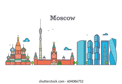 Moscow vector line panorama, modern city skyline, russia outline symbol, flat urban landscape