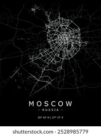 Moscow vector map in black. Detailed map of Moscow in Russia. Best free vector illustration. Tourist decorative street map.