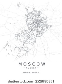 Mapa vetorial de Moscou. Mapa detalhado de Moscou em Rússia. Melhor ilustração de vetor livre. Mapa de rua decorativo turístico.