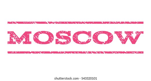 Moscow watermark stamp. Text tag between horizontal parallel lines with grunge design style. Rubber seal stamp with scratched texture. Vector pink color ink imprint on a white background.