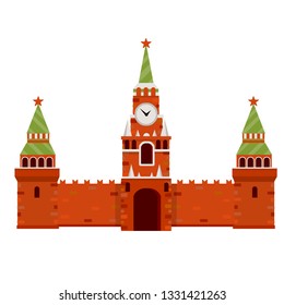 Moscow's kremlin. Presidential residence. Attraction on red square. A place for a tourist trip. The Fortress building with a tower. Holidays in Russia. Symbol of USSR. Cartoon flat illustration