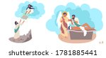 Moses, Abraham and Isaac Bible Stories characters, vector flat illustration. God giving Moses 10 Commandments on top of mount Sinai. Abraham going to kill his son to sacrifice him to God.