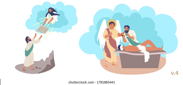 Moses, Abraham and Isaac Bible Stories characters, vector flat illustration. God giving Moses 10 Commandments on top of mount Sinai. Abraham going to kill his son to sacrifice him to God.