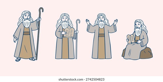 Moses Biblical Character Vector Set. Jewish Prophet with Ten Commandments Tablets, Staff and Robe Illustration Collection. Concept for Passover Jewish holiday.