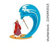 Moses. The biblical character Moses waves the sea, performing a miracle. Christianity, Bible, stories biblical parables. Vector flat illustration, cartoon style.