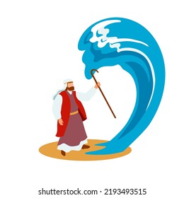 Moses. The biblical character Moses waves the sea, performing a miracle. Christianity, Bible, stories biblical parables. Vector flat illustration, cartoon style.