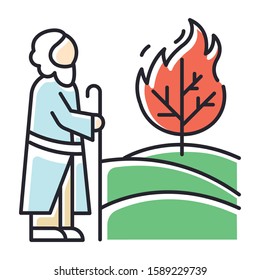 Moses and the burning bush Bible story color icon. Prophet and tree in flame. Religious legend. Christian religion, holy book scene plot. Biblical narrative. Isolated vector illustration