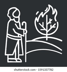 Moses and the burning bush Bible story chalk icon. Prophet and tree in flame. Religious legend. Christian religion, holy book scene plot. Biblical narrative. Isolated vector chalkboard illustration