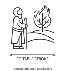 Moses and the burning bush Bible story linear icon. Prophet and tree in flame. Biblical narrative. Thin line illustration. Contour symbol. Vector isolated outline drawing. Editable stroke