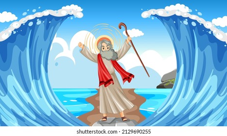 Moses cartoon character with red sea background illustration