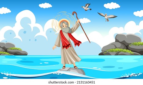 Moses cartoon character with sea background illustration