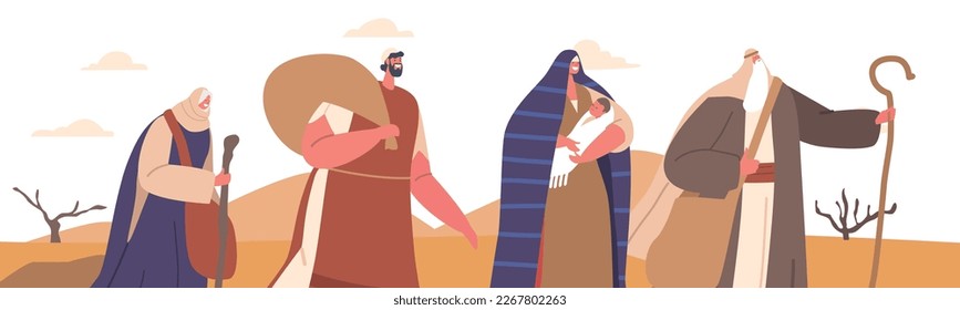 Moses Character Guides Israelites Through Desert Background with Sand Dunes. Man with Raised Staff In Hand Guiding People To Promised Land. Faith, Leadership, Hope Concept. Cartoon Vector Illustration