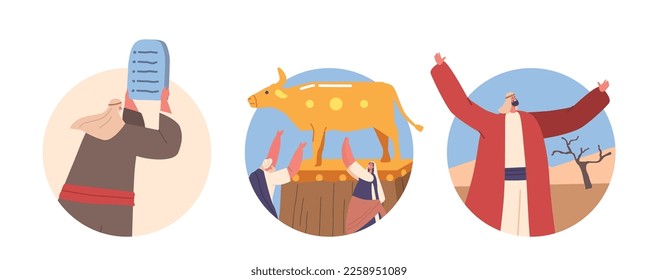 Comprimidos de portación de caracteres de Moses con mandamientos. Los judíos adoran el Tauro Dorado. Un hombre levanta la mano para regocijarse con Idol. Iconos redondos aislados en fondo blanco. Ilustración de vectores de personas de caricatura