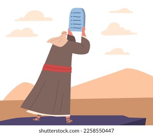 Moses Character Holding Tablets of Stone with Ten Commandments at Mount Sinai. God Giving Principles Relating to Ethics and Worship. Prophet Communicates with Lord. Cartoon People Vector Illustration