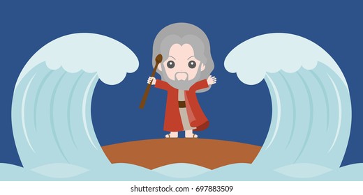 moses dividing the red sea in two parts, flat design cute character 