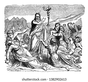 Moses held a snake made up of brass on a pillar. People fell on a ground and alive snakes moving on them, vintage line drawing or engraving illustration.